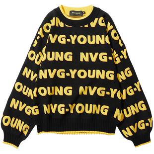 Navigare意大利小帆船圆领撞色字母针织衫女春季落肩毛衣