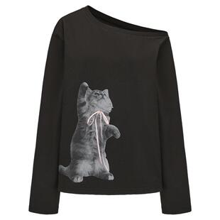 【Lisa同款】【MARKGONG】蕾虎斜开肩小猫印花长袖百搭秋冬气质女