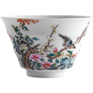 一儒堂茶具手绘粉彩白头茶梅竹节展杯品茗杯主个人客饮杯功夫茶道