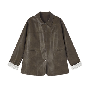 飞鸟和新酒复古做旧拼接条纹外套女2025秋季新款棕色外穿上衣