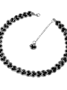 银黑爱心手工编制水晶choker项链