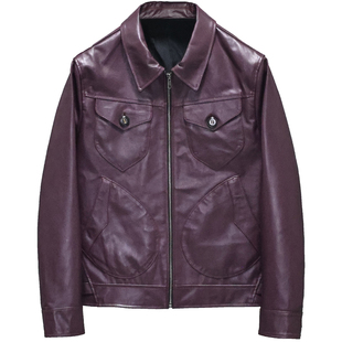 轻度油蜡头层绵羊皮真皮皮衣男修身短款翻领酒红农场主夹克外套呼