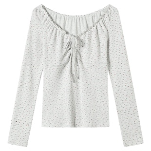 Rrichu「灰屿香颂」长袖t恤v领蝴蝶结系带外穿打底一字肩碎花上衣