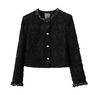 Amii2025秋新款优雅香风圆领珠片织带流苏肌理外套女垫肩短款上衣