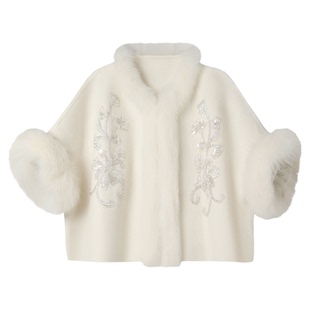 新中式高级感珠绣狐狸毛领羊毛大衣气质名媛风宽松毛呢外套 NZ033