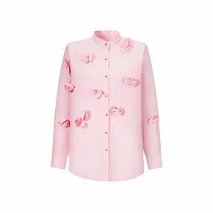 CHICHY法式千金粉色设计感长袖立体花朵衬衫女春季款洋气宽松上衣