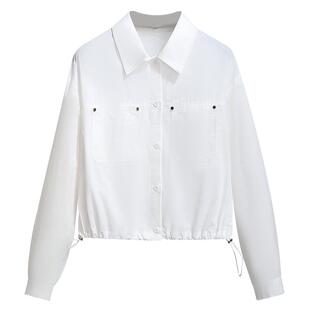 黄色长袖工装衬衫外套薄款女2026春秋季新款小个子下摆抽绳短上衣