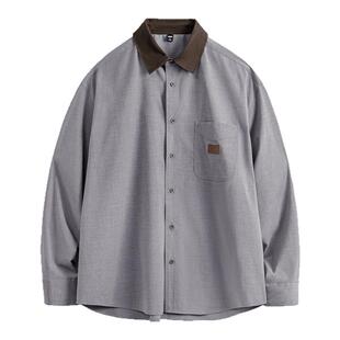 马登工装美式休闲灯芯绒拼接衬衫长袖老钱风灰色薄款衬衣外套男春