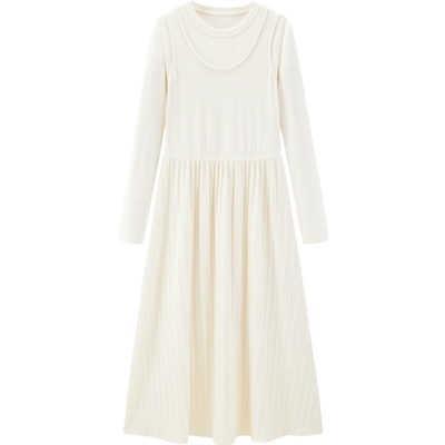 乐町假两件拼接连衣裙女冬季新款白色简约打底裙磨毛蕾丝长裙