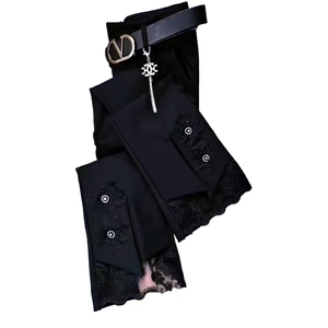 南韩弹力九分微喇裤重工立体花蕾丝拼接边时装裤2024年夏季小西裤