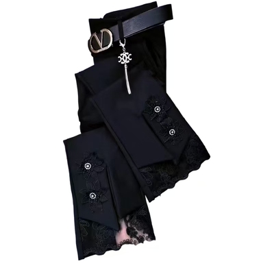 弹力九分微喇裤女花朵时装裤西裤