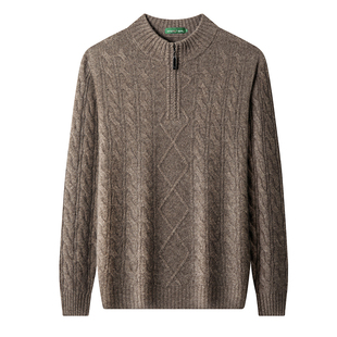 上海春竹100%羊绒衫男士半高领拉链宽松大码双股加厚保暖爸爸毛衣