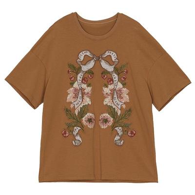 谜底大廓形T恤短袖女秋新品复古贴布绣纯棉宽松上衣243MT0957