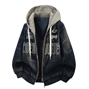 11111休闲风连帽夹克男宽松拉链外套青少年潮流百搭高街风