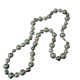 巴西绿玉髓雕花球球绿玉牌项链 大溪地深海贝珠真多麻灰珍珠项链