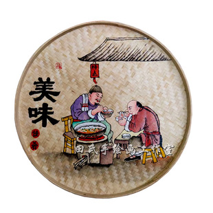 手绘竹编簸箕画饭店面馆装饰圆形挂件墙壁画创意个性墙面挂饰壁饰