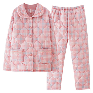 纯棉睡衣女士冬季三层加厚夹棉中年妈妈秋冬天加绒老人家居服套装