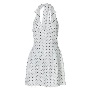 shemoda欧美风波点印花深V领绑带挂脖拉链露背连衣裙女修身短裙子