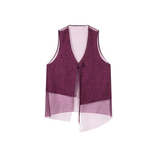 一城画一夏季复古文艺范不规则亚麻拼接桑蚕丝马甲外套紫色