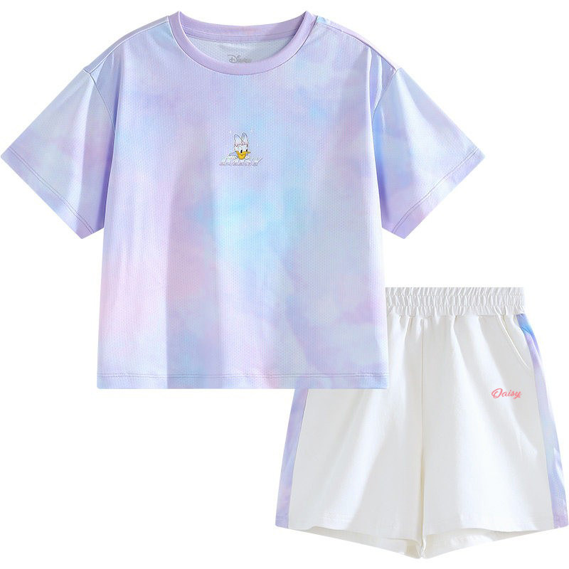 迪士尼女童速干运动服套装夏装薄羽毛球网套装儿童短袖速干衣训练