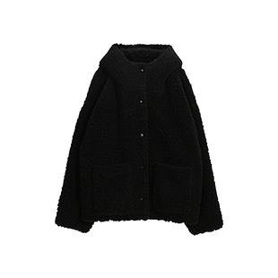 alex stevens 颗粒绒羊羔毛外套女冬季黑色连帽宽松加厚毛毛外套