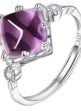 天然紫水晶925银可调开口戒指