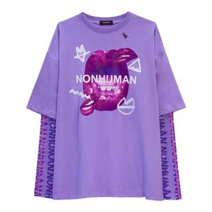 设计师nonhuman蚂蚁红唇印花拼可拆卸网纱袖T恤防晒衫两穿时髦