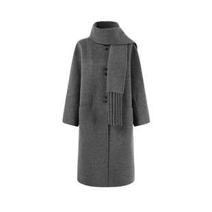 秋水伊人绵羊毛文艺风围巾毛呢大衣2025年冬季新款女装双面呢外套