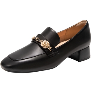 千百度羊皮粗中跟乐福鞋女春秋气质通勤通勤小皮鞋真皮单鞋百搭