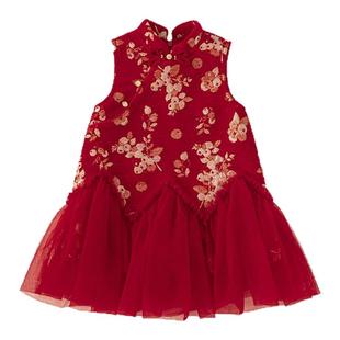 贝贝城汉服女童冬装冬季新款女宝宝周岁衣服小女孩红色加厚拜年服