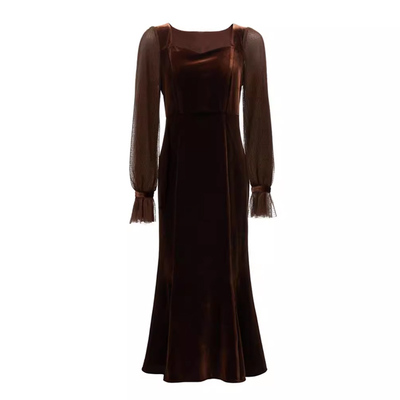 天鹅绒拼接网纱长袖高级感鱼尾裙