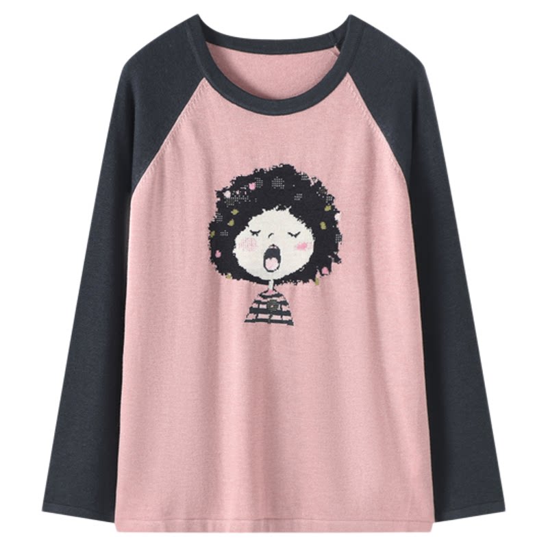 ROCOCO/洛可可卡通撞色套头长袖针织衫女秋季新款绵羊毛圆领上衣