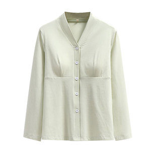 带胸垫V领护颈可放义乳放疗穿的衣服开衫上衣女前开扣中老年长袖