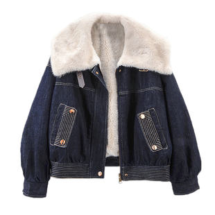 2025冬季新款洋气大翻领加绒加厚牛仔外套女短款宽松小个子派克服