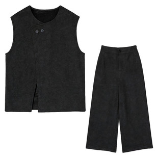 高端双面呢马甲套装女早春新款气质坎肩背心呢子马夹九分裤两件套