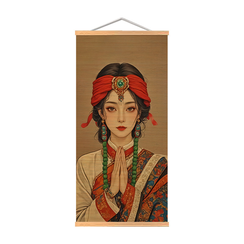 虔诚卓玛竹帘挂画藏女卓玛少女