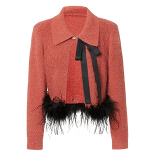 【奥莱】MAXRIENY复古感枣红色鸵鸟毛蝴蝶结毛织上衣女