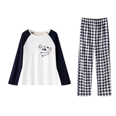 睡衣女秋冬纯棉长袖家居服可出门休闲全棉可爱格子韩版大码春秋季