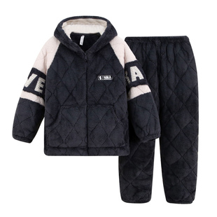 拉链男款提花绒三层夹棉加绒加厚冬季睡衣中青年家居服保暖套装