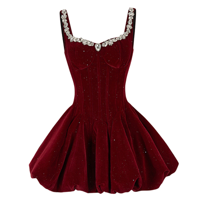 丝绒水钻收腰气质蓬蓬裙