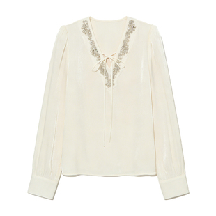 DPLAY时尚白色衬衣女镶钻系带微喇袖衬衫雪纺纱上衣2026春