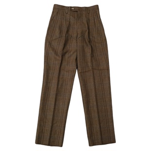 复古双褶皱漂亮暗格纹羊毛混纺厚实质感微锥剪裁直筒休闲长裤K855