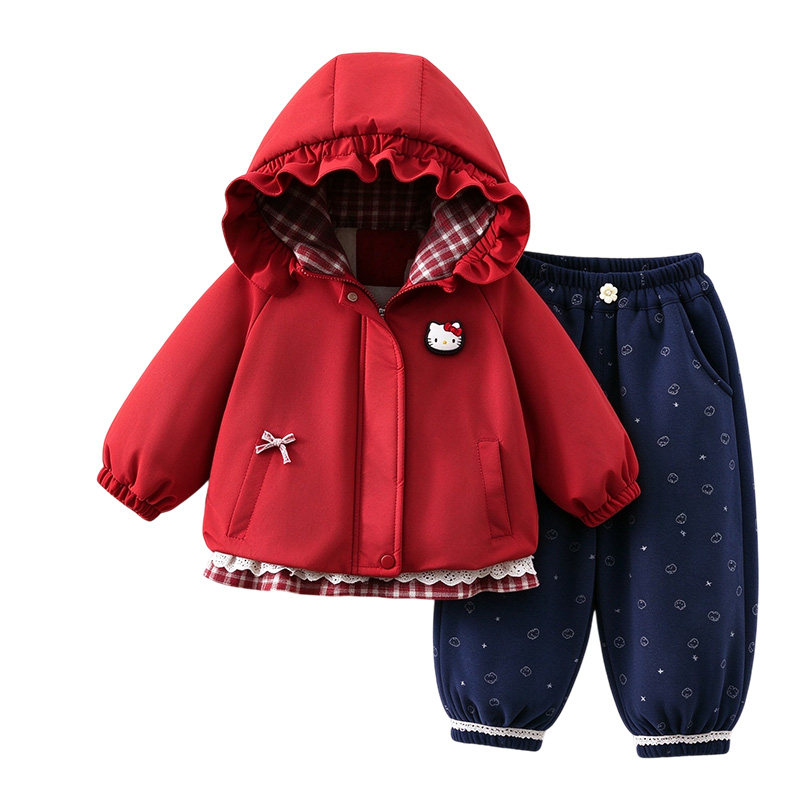 女童红色连帽加厚棉服两件套