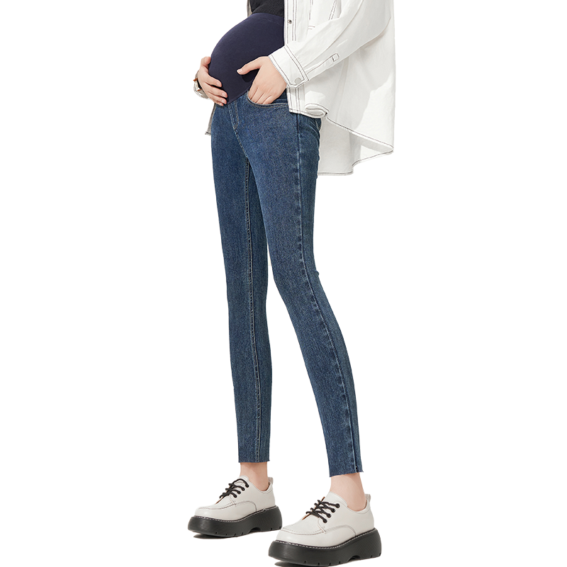 孕妇小脚裤秋季外穿牛仔裤紧身打底裤春秋九分大码浅蓝色显瘦长裤