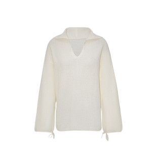 嫚渡|100%山羊绒针织V领长袖宽松套头短款白色山羊绒衫