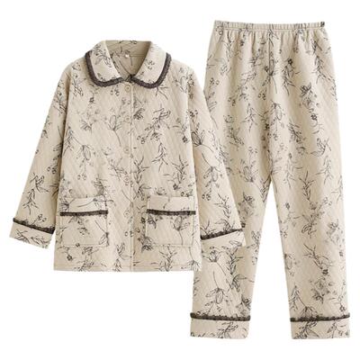 睡衣女士秋冬纯棉夹层家居服