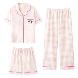 芬腾可安睡衣女款2026新款夏季纯棉女士短袖三件套格子家居服夏天