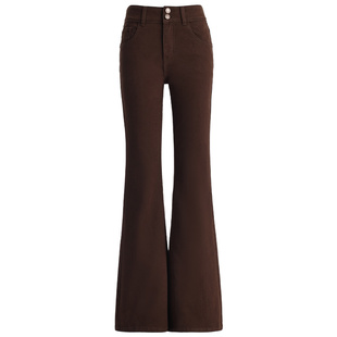 拉夏贝尔美式复古加绒微喇牛仔裤女秋冬新款修身显瘦水洗喇叭裤子