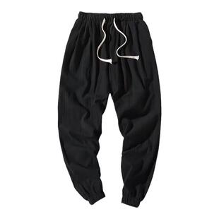 棉麻裤男春秋卡其色九分裤宽松休闲裤亚麻束脚运动裤夏季男款裤子