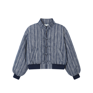 PaleBlueDot蓝点·立领盘扣牛仔蓝条纹夹克95白鸭绒短款羽绒服